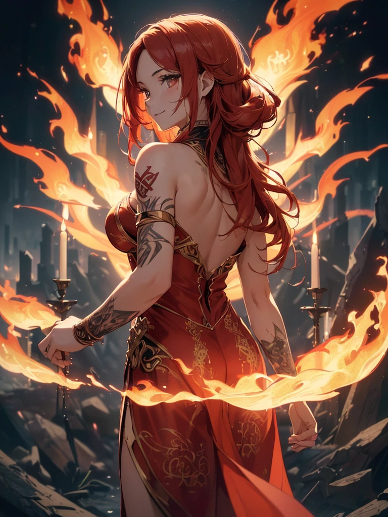 (((best quality, sharp image, clear image, cinematic lighting, 8k resolution, masterpiece, ultra detailed, intricate))) Girl, (((looking over left shoulder))), (shot from behind), fire mage, ((intricate background)), ((chaotic background)), red hair, smiling, ((flame runes, flame sigils)), (tatoo on back), slim figure, flying sigils, long dress, cute