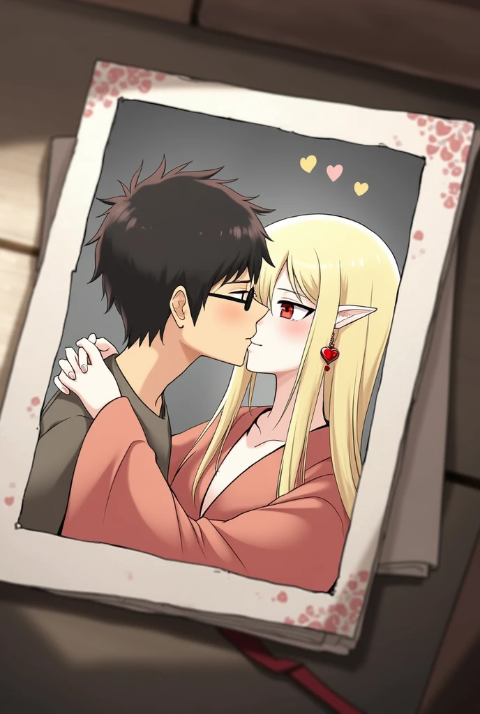 A beautiful necromancer mature girl and a handsome young boy, Black short disshalve hair with Brown eyes and glasses, the boy's skin is not so pale but white, his look is of love for his beloved, romantic couple in love kissing, blonde long-haired girl, big red eyes, elf ear with a red-colored earring not in her left ear, her skin is not so pale but white, her eyes are with hearts, wearing long shirt without pants, in a room setting, masterpiece, best quality, absurdly high resolution