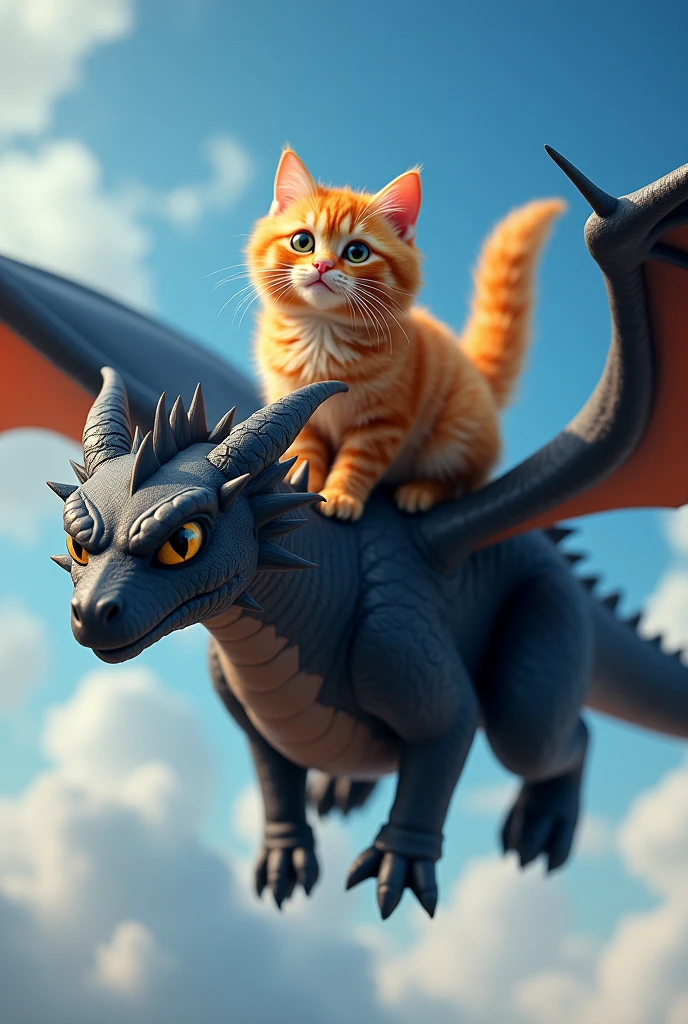 Orange tabby cat,Persian breed,Ride a Toothless Dragon,Fantasy,black dragon,Orange tabby cat,furry,Clear sky background,