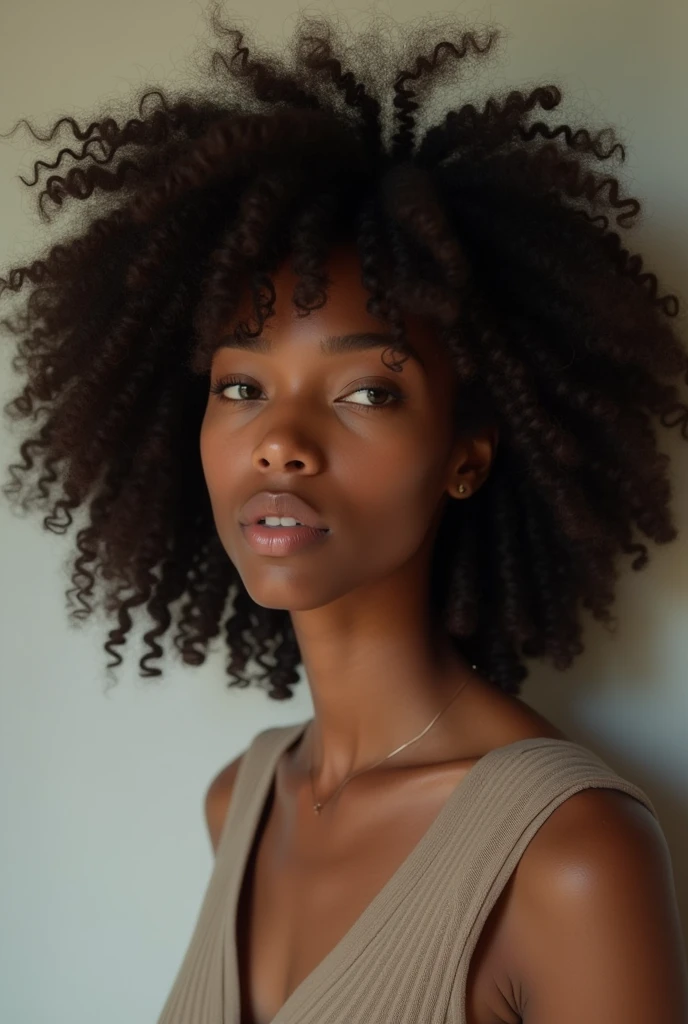 Une fille d’environ 27 ans cheveux bouclés afro mi-long avec des origines suisse et sénégalaise (métissée) mesurant environ 1m80 et pesant environ 79 kg.