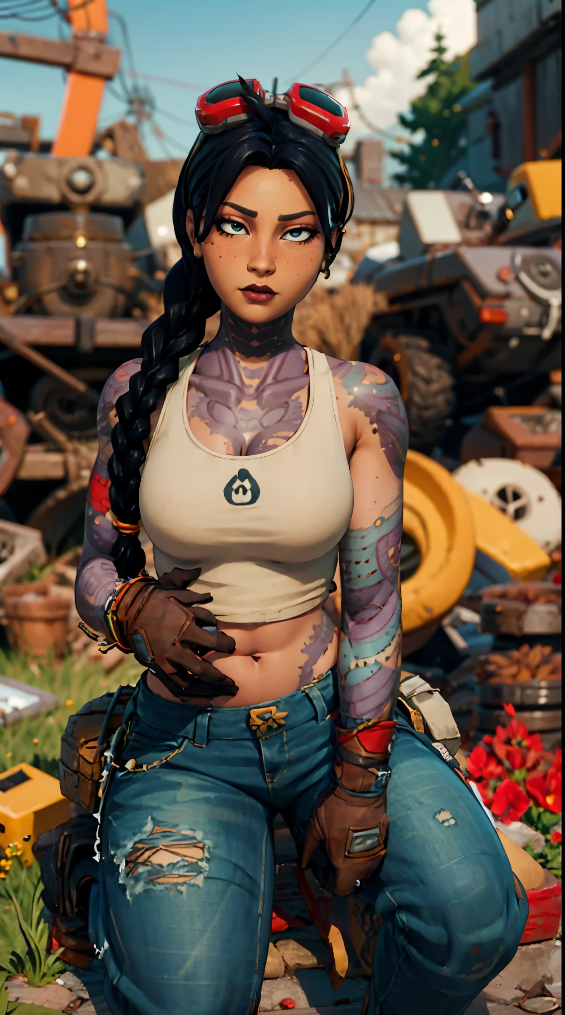 jules fortnite, Beautiful woman Black braided hair Braided ponytail athletic figure, pale skin, sleepy look, tank tub top and shadow symboll, bangs, exposed cleavage,  top-quality, lot of details, realisitic, work of art, best qualityer,  Woman alone, blue colored eyes, sitting down, park with trees around at day,  blue pants . 1girl, solo, black hair, Brown gloves, Black braided hair, Braided ponytail  , red goggles on head, bare and tattooed belly