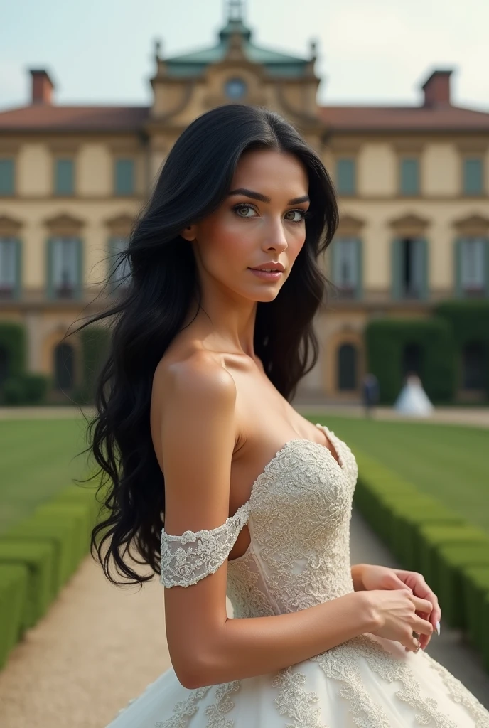 Young, beautiful woman, 22 years old, long black hair and bright blue eyes. She is wearing a luxurious wedding dress. behind her a luxurious mansion in Italy. The expression on his arrogant face, highlighted by his blue eyes