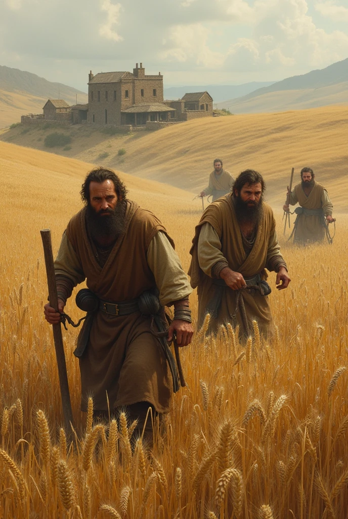 create an image of ancient farming men and women, working hard harvesting wheat from the land on the farm.