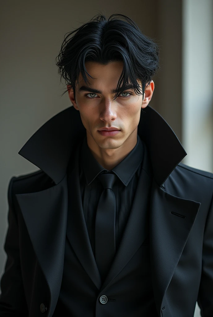 A man who is tall, handsome, and muscular young men with gray eyes, sharp facial features, and black hair with bangs that dangle all the way down to his eyes. He favors dark clothing and is often seen in sleek and stylish outfits ranging from tailored suits to long hooded coats