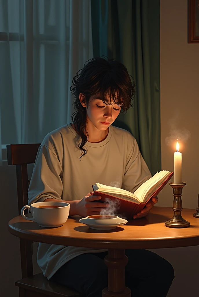 A boy is sitting reading a story book and there is a cup of tea and a lighted candle on a table in front of him, and he is 18 year, and there body full hand t 'shirt and there hair is a long