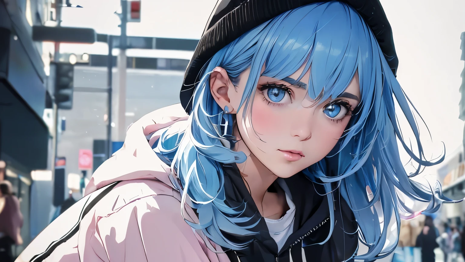 (Highest quality, Tabletop:1.2, Ultra-high resolution, Realistic:1.5), RAW Photos, One Girl, In the Dark, Deep Shadow, Low lighting, Cool tones, Captivating Gaze, Long Hair, Tied Hair, Subtle highlights, Dramatic contrast, (Dynamic Angle), ((1 female teen)), ((Plain and bright background)), ((Flat Color)),(Harajuku Street Style Fashion),(jeans), Looking at the audience, Upper Body, Transparent Background, High Contrast, Contrasting colors, Cowboy Shot, Pale pink and blue lighting, Light blue hair, Small star-shaped earrings in both ears, watch, bright eyeshadow, R-18, The belly button is visible, The upper body is wearing a hoodie, Wearing a hood, (Hair is not sticking out from the hood), (No hair sticking out of the hood), Harajuku Fashion