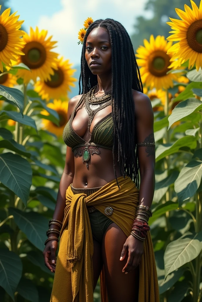 melanin, large breasts, top, forest skinny sunflower field, haiti, athlete, witch dreadlocks, topless