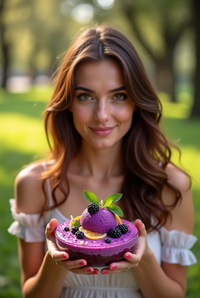 Beautiful woman aged 25 to 35, in park, salmonete, chestnut hair, eating acai Satellite image, backlighting, ultra HD, high qualiy, best qualityer, high resolution, 8k, 16K