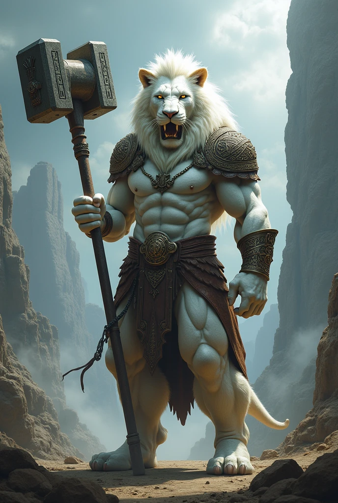 Create an albino lion warrior with a hammer. Your face needs to resemble humans