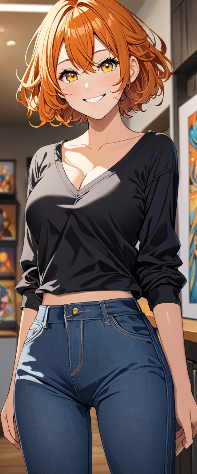 1girl, solo, Flipped-Out hair, orange hair, yellow eyes, short hair, looking at viewers, black t shirt v neck, best quality, highly quality, big fore head, smiling, Masterpiece, beautiful art, professional artist, 8k, very detailed face, very detailed hair, jeans, cleavage, cute smile, upper body, cowboy shot, medium breast, frekles, Anime style, simple backgrownd, smil, stiped shirt, long slevees, bellybotton, blue pants,