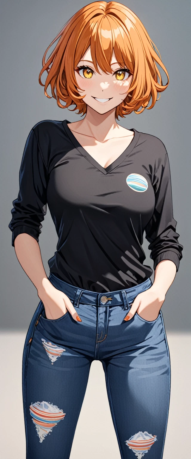 1girl, solo, Flipped-Out hair, orange hair, yellow eyes, short hair, looking at viewers, black t shirt v neck, best quality, highly quality, big fore head, smiling, Masterpiece, beautiful art, professional artist, 8k, very detailed face, very detailed hair, jeans, cleavage, cute smile, upper body, cowboy shot, medium breast, frekles, Anime style, simple backgrownd, smil, stiped shirt, long slevees, bellybotton, blue pants,