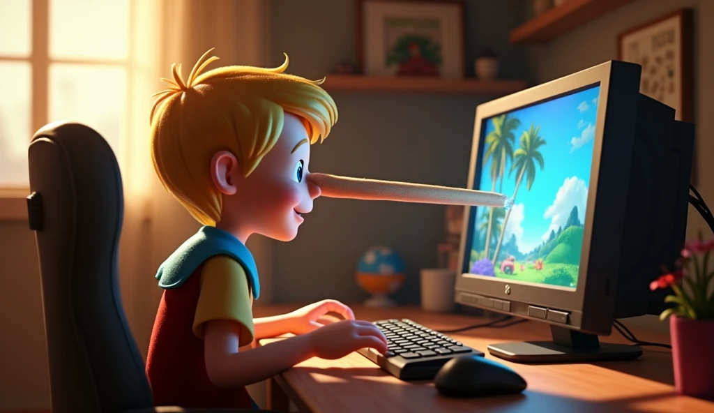 Im Stil von Pixar 3D-Animation filmen. Pinocchio with short blonde hair sits in front of a gaming PC with two monitors, a long lying nose has pushed through one of the monitors and destroyed it.
