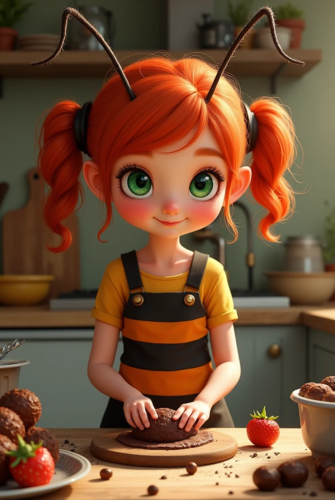 A nice girl with red hair and green eyes, dressed as an ant making brigadeiro 