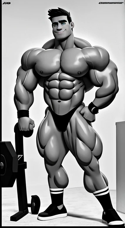 figures for a cartoon in a bodybuilding book, each performing a different exercise in black and white colors