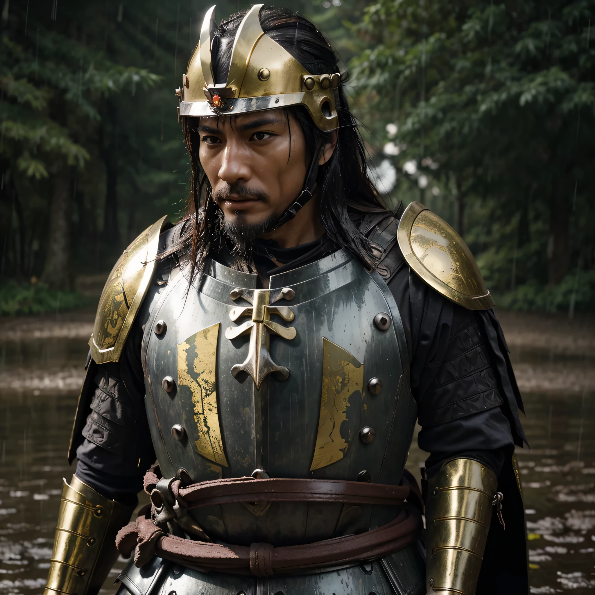 Realistic shot of an ancient samurai warrior, with dark iron armour and gold ornaments (on the breastplate helmet), in the middle of a wet and rainy forest, with an old pagoda behind. In UHD 8K, hyper-realistic cinematic lighting.