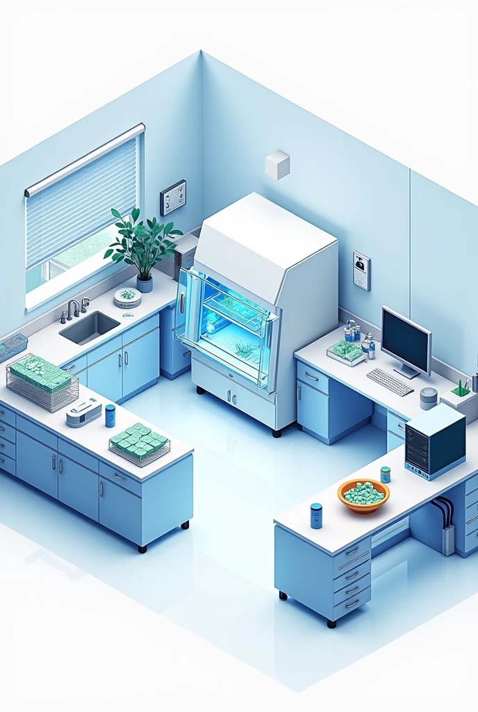 Simple drawing of the bacteriology area of a clinical laboratory that includes a biosafety cabinet, culture media, computers, and a simple sink.