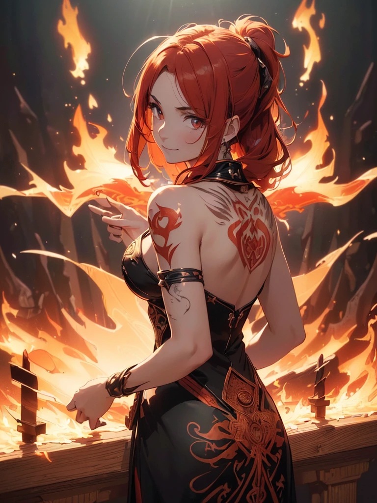 (((best quality, sharp image, clear image, cinematic lighting, 8k resolution, masterpiece, ultra detailed, intricate))) Girl, (((looking over left shoulder))), (shot from behind), fire mage, ((intricate background)), ((chaotic background)), red hair, smiling, ((flame runes, flame sigils)), (tatoo on back), slim figure, flying sigils, long dress, cute