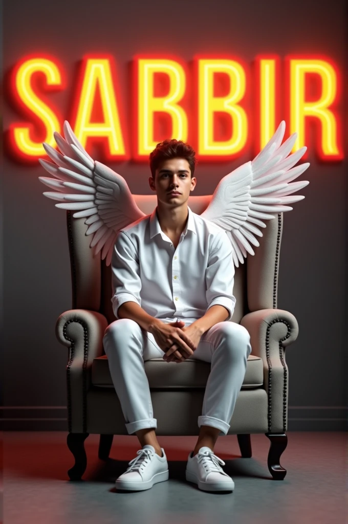 Create a 3D illusion for a profile picture where a 25 Year old cute boy in a white shirt Sitting casually on a Wingback chair. Wearing sneakers, he looks ahead. The background features "SABBIR" in big and capital Orange neon light fonts on the dark grey wall. There should not be his shadow, and there are wings to make it appear as if he is an angel