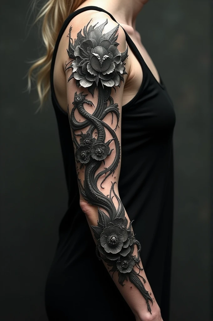 Giger style flower arm tattoo