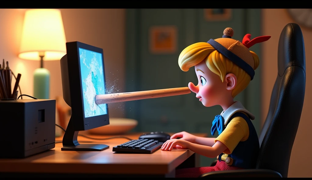 Im Stil von Pixar 3D-Animation filmen. Pinocchio with short blonde hair sits in front of a gaming PC with two monitors, a long lying nose has pushed through one of the monitors and destroyed it.
