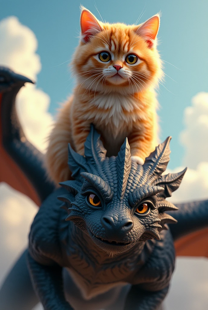 Orange tabby cat,Persian breed,Ride a Toothless Dragon,Fantasy,black dragon,Orange tabby cat,furry,Clear sky background,Not a kitten