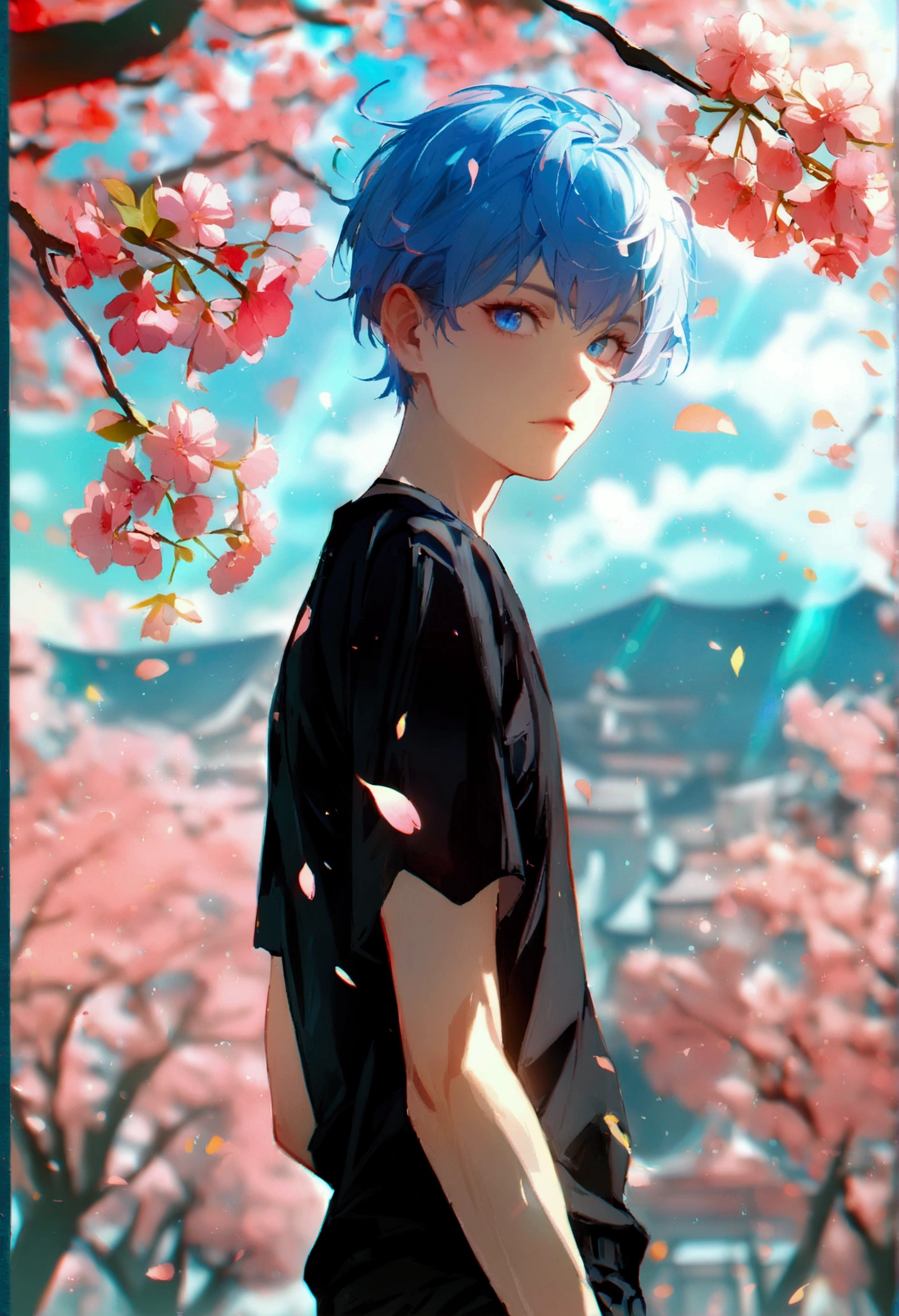 1boy, boyish pastel blue hair, blue eyes, white skin, wearing black undershirt, underpants, standing below a glowing red sakura tree, absurdres, high res, ultrasharp, 8k, masterpiece, looking at viewer