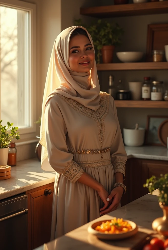 Beutiful, muslim women , in kitchen 