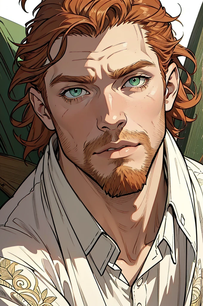 (masterpiece)，(Very detailed)，(Very detailed)，(best quality), perfect lighting, male, bara muscular, ((short messy ginger hair)), tall, stunning, beautifull face, green eyes, shirt, animated style, perfect face, highest detail, stubble, detailed face, intricate details, expresionless