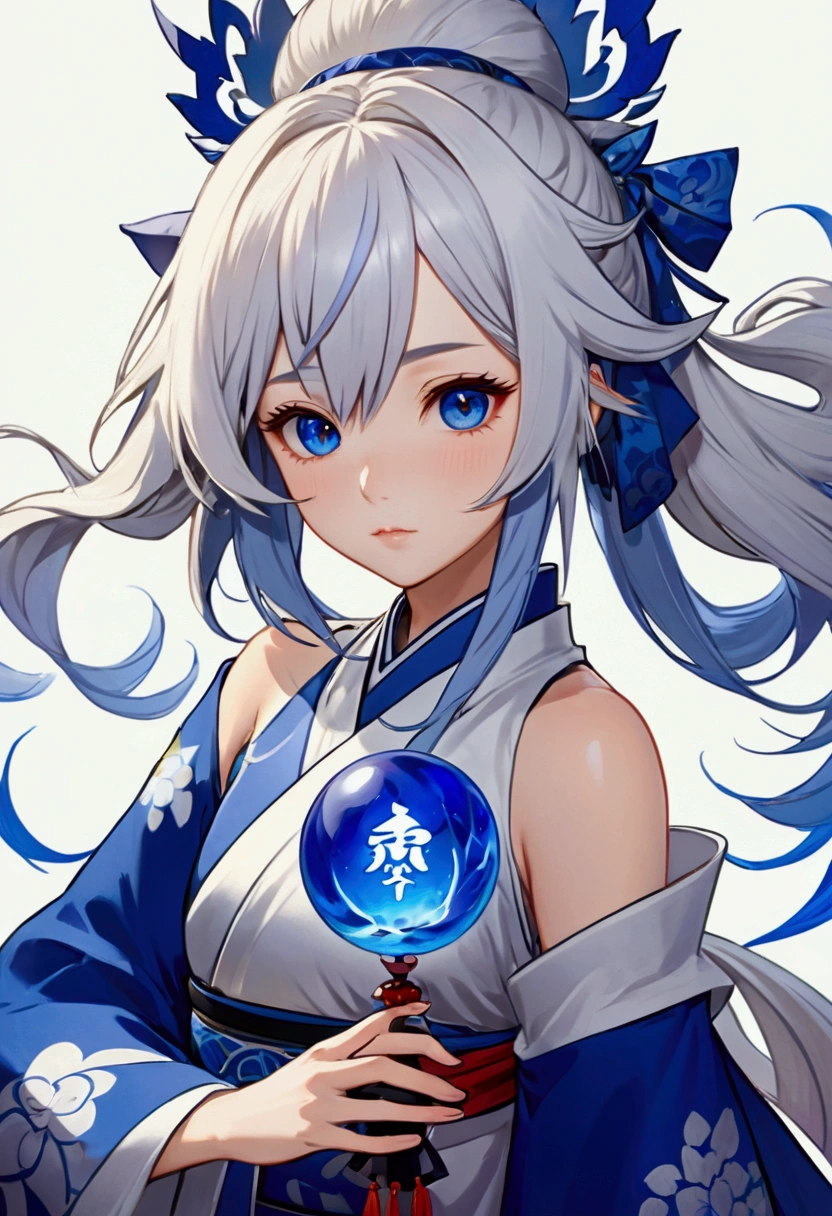 Anime girl wearing a blue and white dress holding a blue ball., Onmyoji, arte detallado de Onmyoji, retrato Onmyoji, White haired deity, genshin impact keqing, genshin, de Arknights, genshin impact zhongli, Heise Jinyao, from Shitao, long, by Yang J, Yun Ling