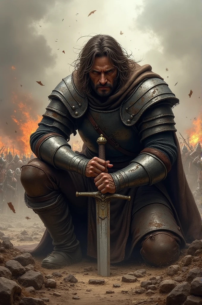 A warrior on his knees in battle