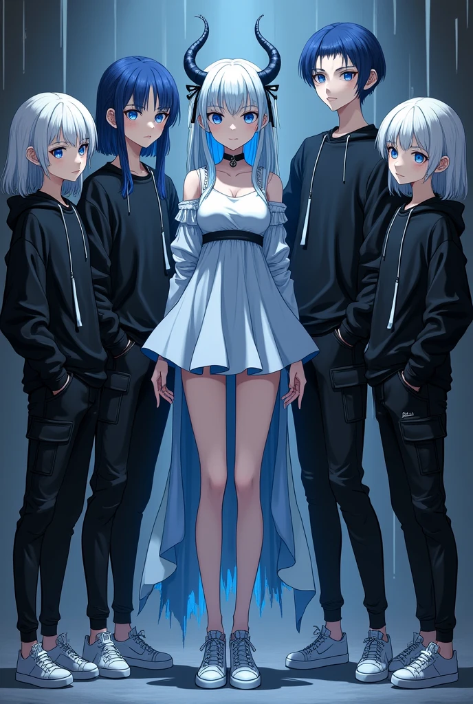 Harem of a Demon Girl, Her harem wears a black sweatshirt, black cargo pants, white tennis shoes, white and blue hair, and the demon wears a short white and blue dress.