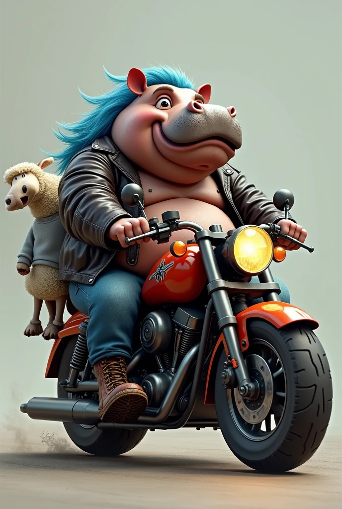 Generates a fat and obese anthropomorphic hippo, He has long hair with blue dyed tips and wears biker clothing., He is riding his motorcycle and behind him sits a grey sheep., wearing a grey sweatshirt with black and blue pants
