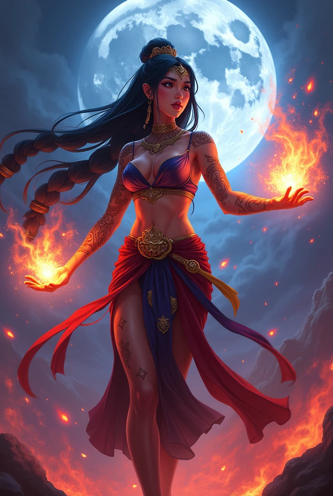 league of legends splash art, anime, magic the gathering, very colorful emphasis on red and blue theme, fully clothed southeast asian woman, black hair, big hair braids, she has tribal tattoos, striking a very dynamic pose, lots of little fire sparks flying through the air, full moon background