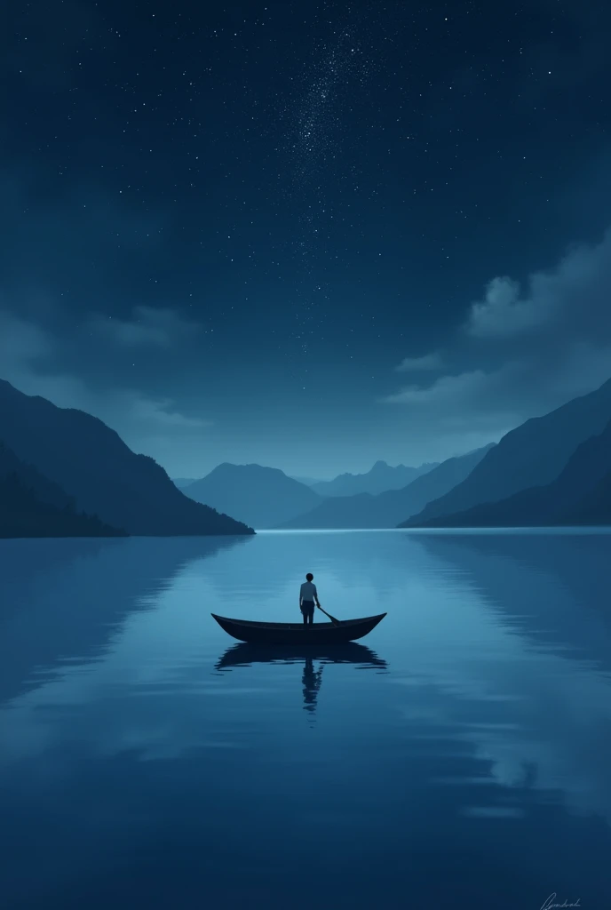 Realistic paintings, the calm and mirror-like lake at night reflects the stars in the sky, and a small black boat carrying a white man is quietly parked in the lake, a dreamy scene