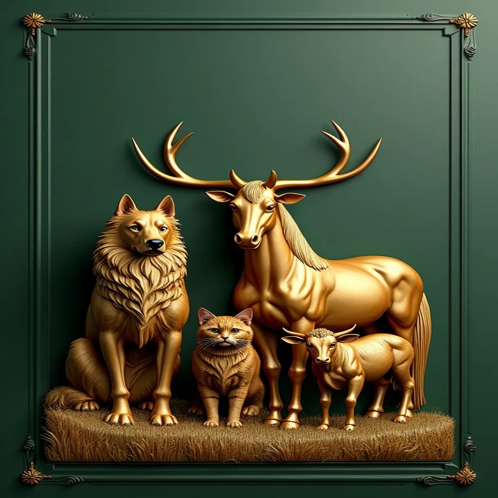 Studio Album cover with classic plain dark green background. with dog , catboy, a realistically sized horse and cow in gold relief