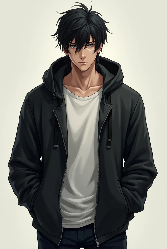 A man who is tall, handsome, and muscular young men with gray eyes, sharp facial features, and black hair with bangs that dangle all the way down to his eyes. Wearing a white shirt and black hoodie and black jean