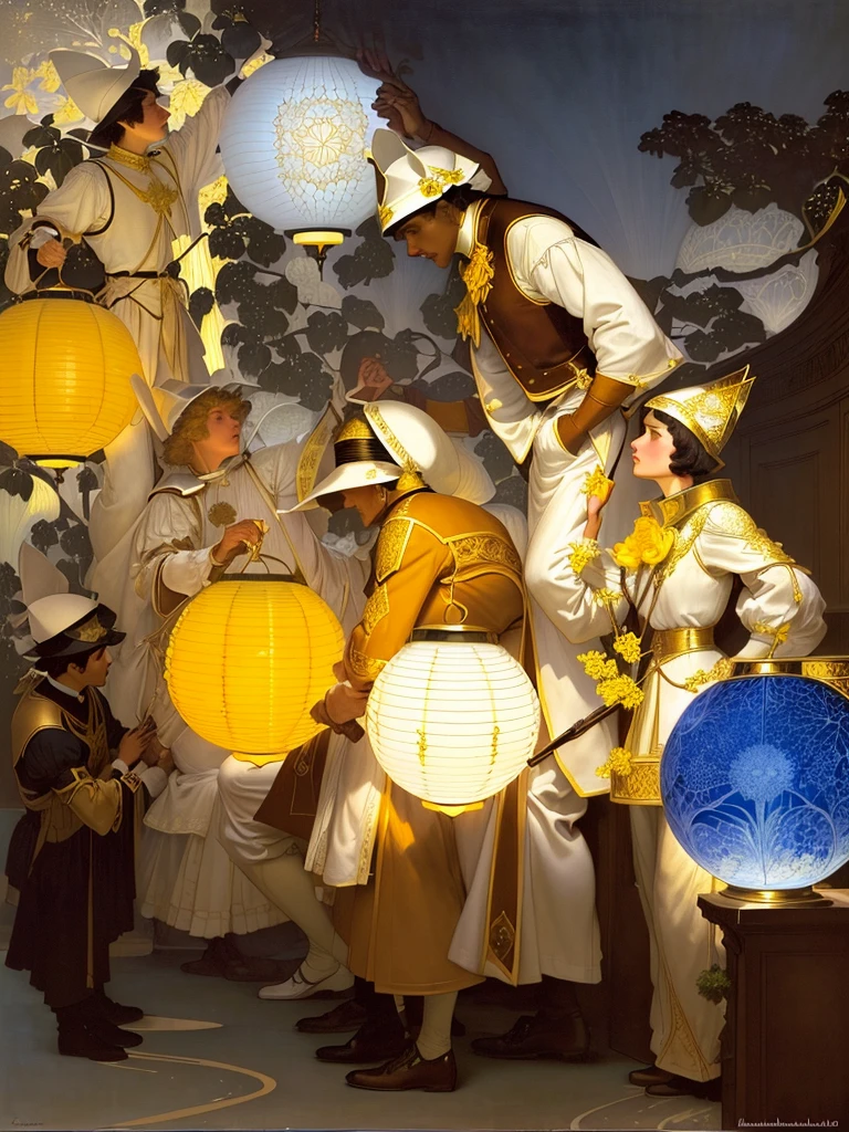there are many people dressed in white holding yellow lanterns, by Maxfield Parrish, maxfield parrish!!!!, by Randolph Schwabe, by Georges de La Tour, norman rockwell. detailed, andnorman rockwell, by Morris Kestelman, jc leyendecker, joseph leyendecker, style of carlos schwabe, j.c. leyendecker wlop