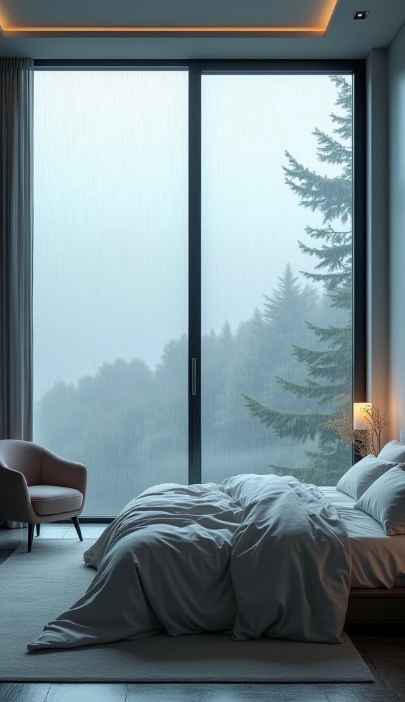 "A modern, minimalist bedroom with a sleek design, featuring a large window with rain streaming down the glass. The gray, overcast sky outside is reflected in the cool tones of the room, with soft bedding and a comfortable chair by the window. The gentle sound of rainfall adds a layer of tranquility to the scene."