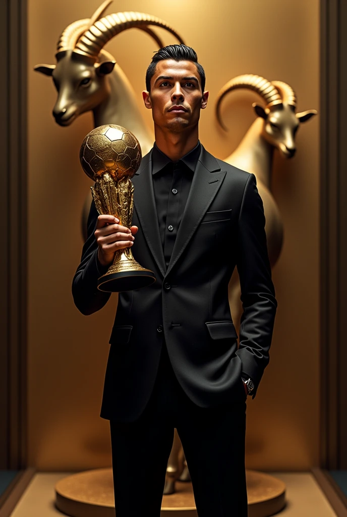 Cristiano Ronaldo wearing black suit and pant holding ballon dor next to a goat with a shiny gold and black back ground