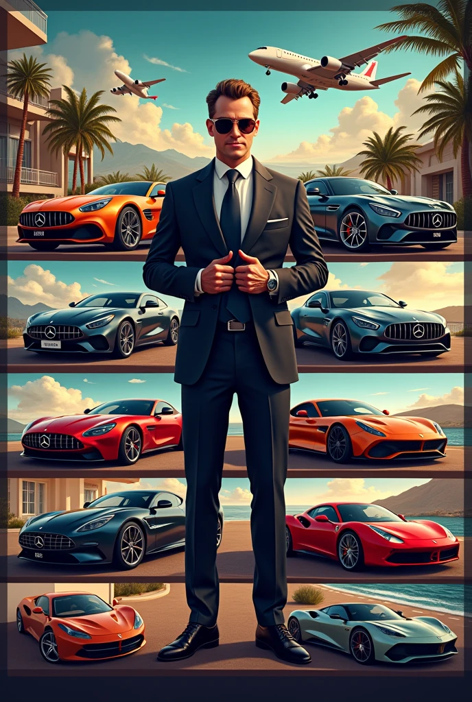 Create a poster with 10 images showing the lifestyle of a millionaire with his cars and other things