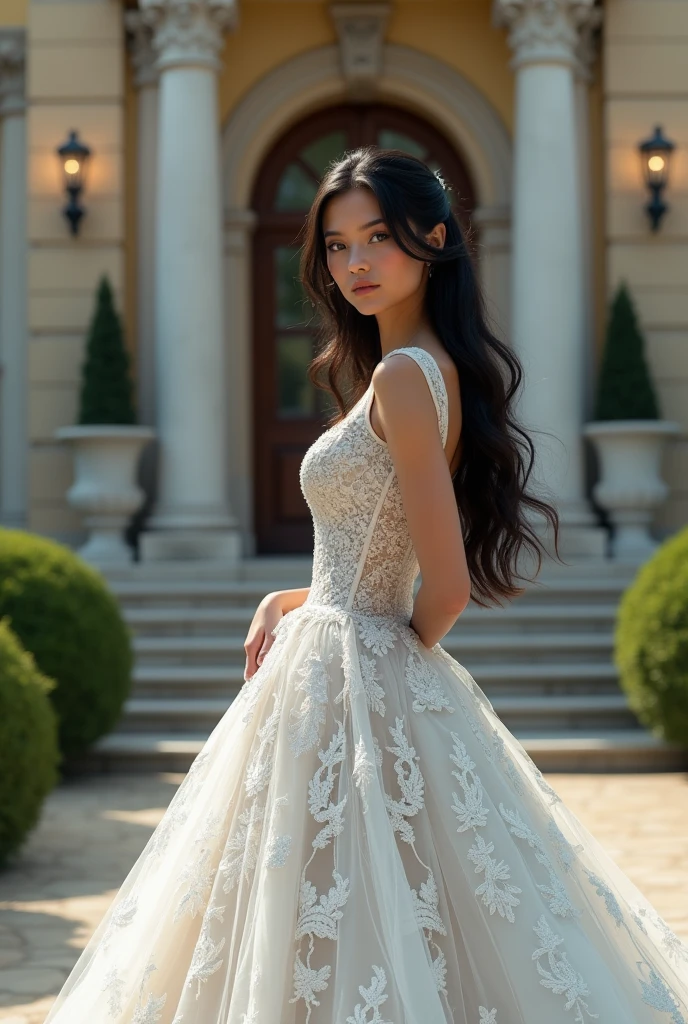 Young, beautiful woman, 22 years old, long black hair and bright blue eyes. She is wearing a princess wedding dress. behind her a luxurious mansion in Italy. The expression on his arrogant face, highlighted by his blue eyes