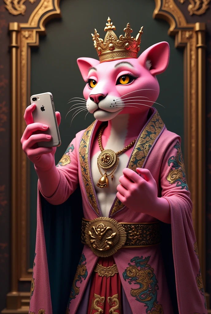Image of a pink panther wearing a crown, wearing a dragon robe, with a strong imperial demeanor, covered in tattoos, one hand holding iphone taking selfie in front of mirror