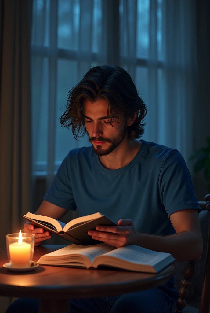 A boy is sitting reading a story book and there is a cup of tea and a lighted candle on a table in front of him, and he is 18 year, he has medium beard and there body full hand blue t 'shirt and there hair is a long