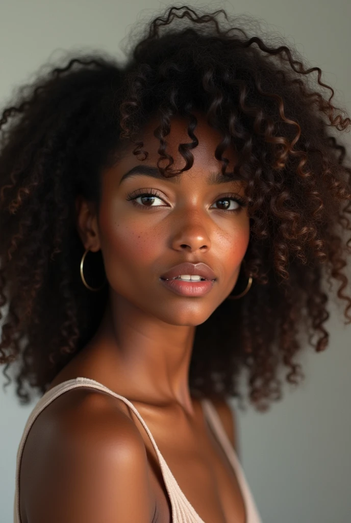 Une fille d’environ 27 ans cheveux bouclés afro mi-long avec des origines suisse et sénégalaise (métissée) mesurant environ 1m80 et pesant environ 79 kg.
Ajoute des taches de rousseurs, une frange et des cheveux plus long que les épaules, le teint légèrement plus clair