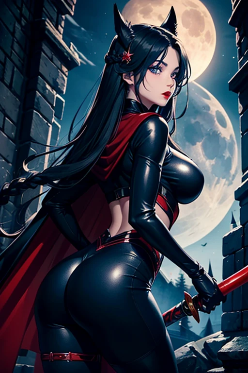 castle bat wolves . Eclipse lunar . Athletic bodies slim big breasts big buttocks long braided hair blue eyes with red lips. long swords. black lycra cape suit .gothic makeup long dark hair black eyes