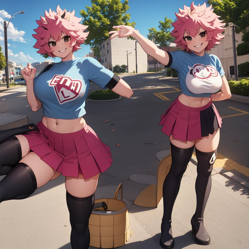 Mina ashido de my Hero academia T-shirt logo, pleated skirt, diaphragm, thigh high boots, smile, undulation, looking at the viewer, outdoor, Street, big breasts