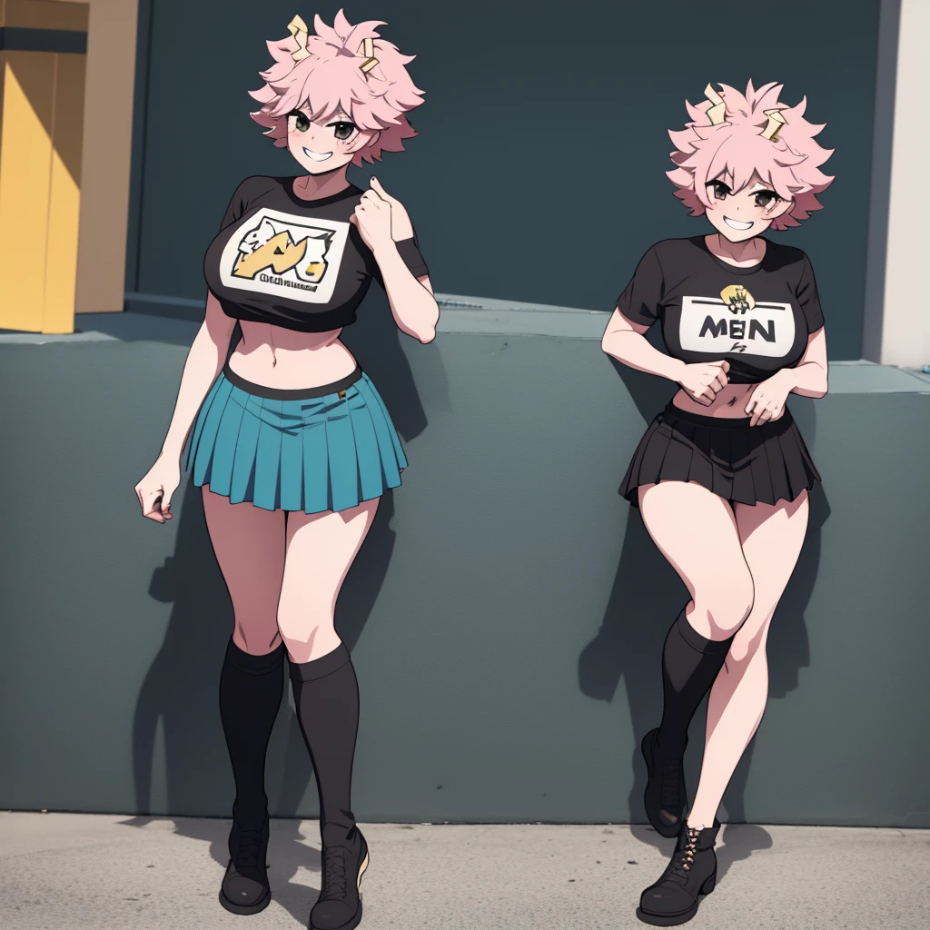 Mina ashido de my Hero academia T-shirt logo, pleated skirt, diaphragm, thigh high boots, smile, undulation, looking at the viewer, outdoor, Street, big breasts