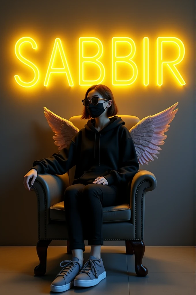 Create a 3D illusion for a profile picture where a 25 Year old cute girl in a black hoodie Sitting casually on a Wingback chair. Wearing sneakers, with black mask, and sunglasses, she looks ahead. The background features "SABBIR" in big and capital Yellow neon light fonts on the dark grey wall. There should not be his shadow, and there are wings to make it appear as if he is an angel