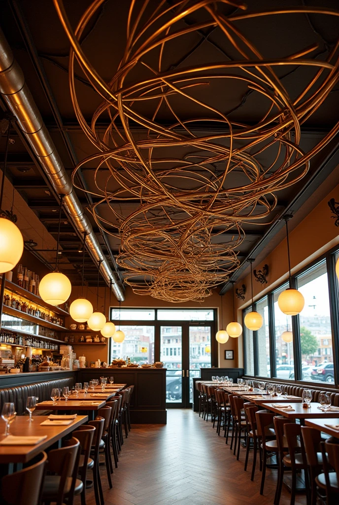 Show me a picture of a ceiling decorated with metal tubes that go in directions intertwined with each other, in different directions, from back to front, From left to right, warm lights hang in a vintage-style restaurant that has a surface area of 3 meters by 4 meters and a food order bar in the background
