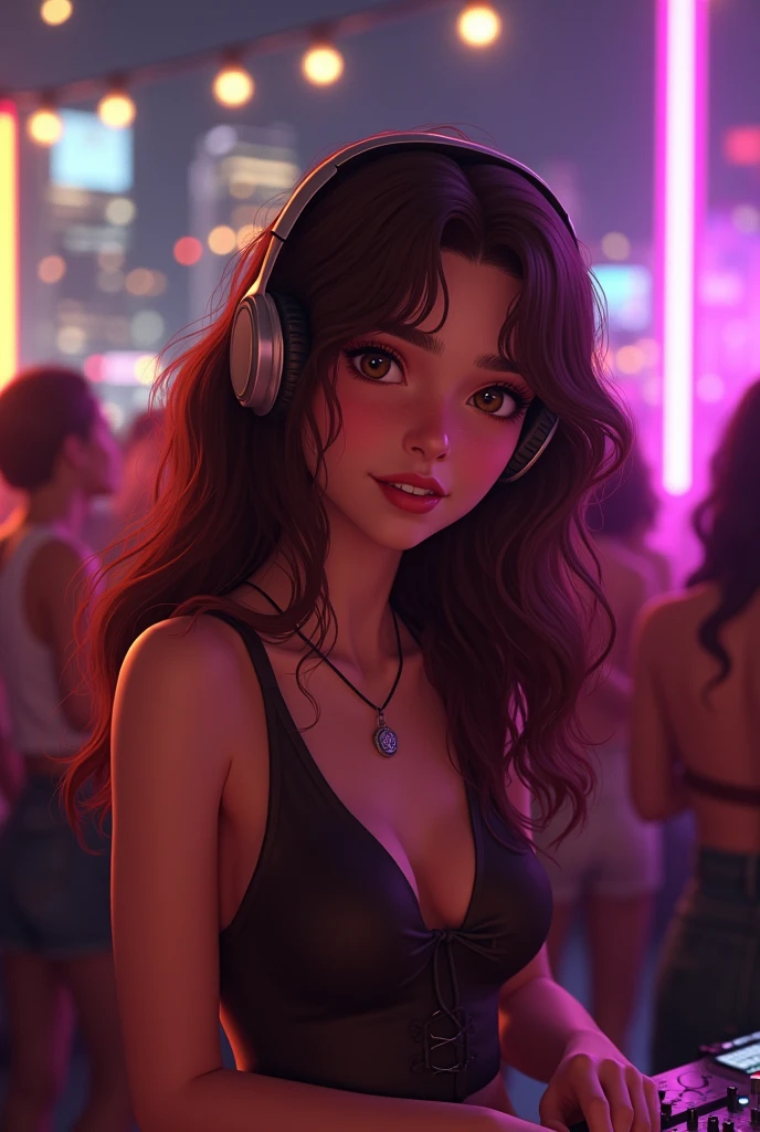 Girl age 25, Brown wavy hair, Brown eyes, Standing on a DJ Pult mixing music in a rooftop bar in new york, having a lot of fun, dances, smiling, crowd in Front of her, with Headphones to hear her own music Mix, looking in the crowd and makes party with it, hyperrealistic, Dark Red piece of hair